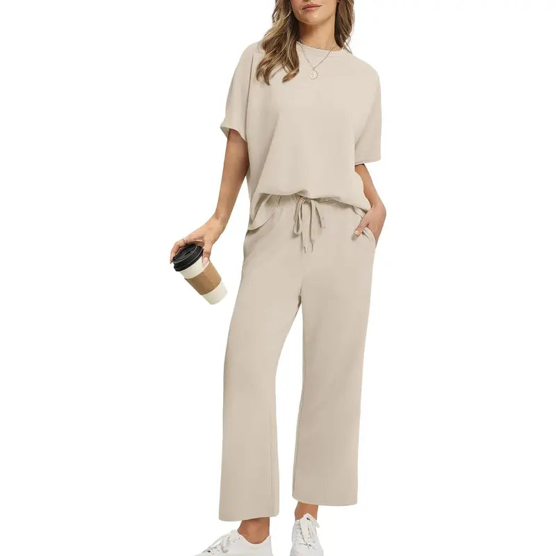 Two Piece Sets for Women Summer Outfits Oversized Wide Leg Crop Pants Lounge Sets Airport Beach Vacation Clothes