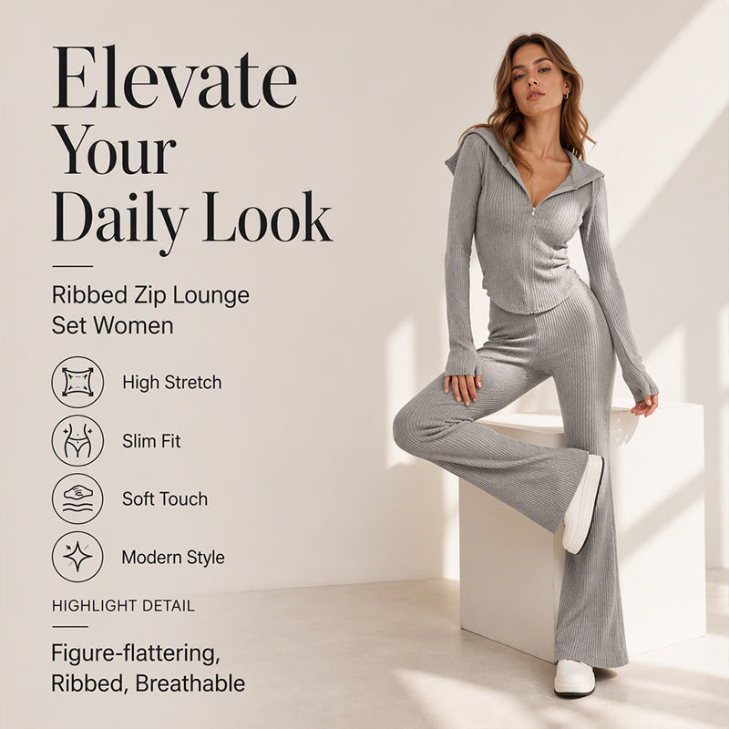 Women's Ribbed Hooded Zip-Up Jacket Flare Pants Set