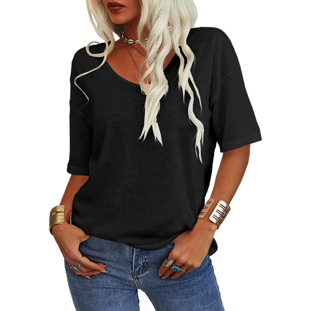 Women's Soft Solid Color Vneck Tshirt Cotton Half Sleeve Casual Loose
