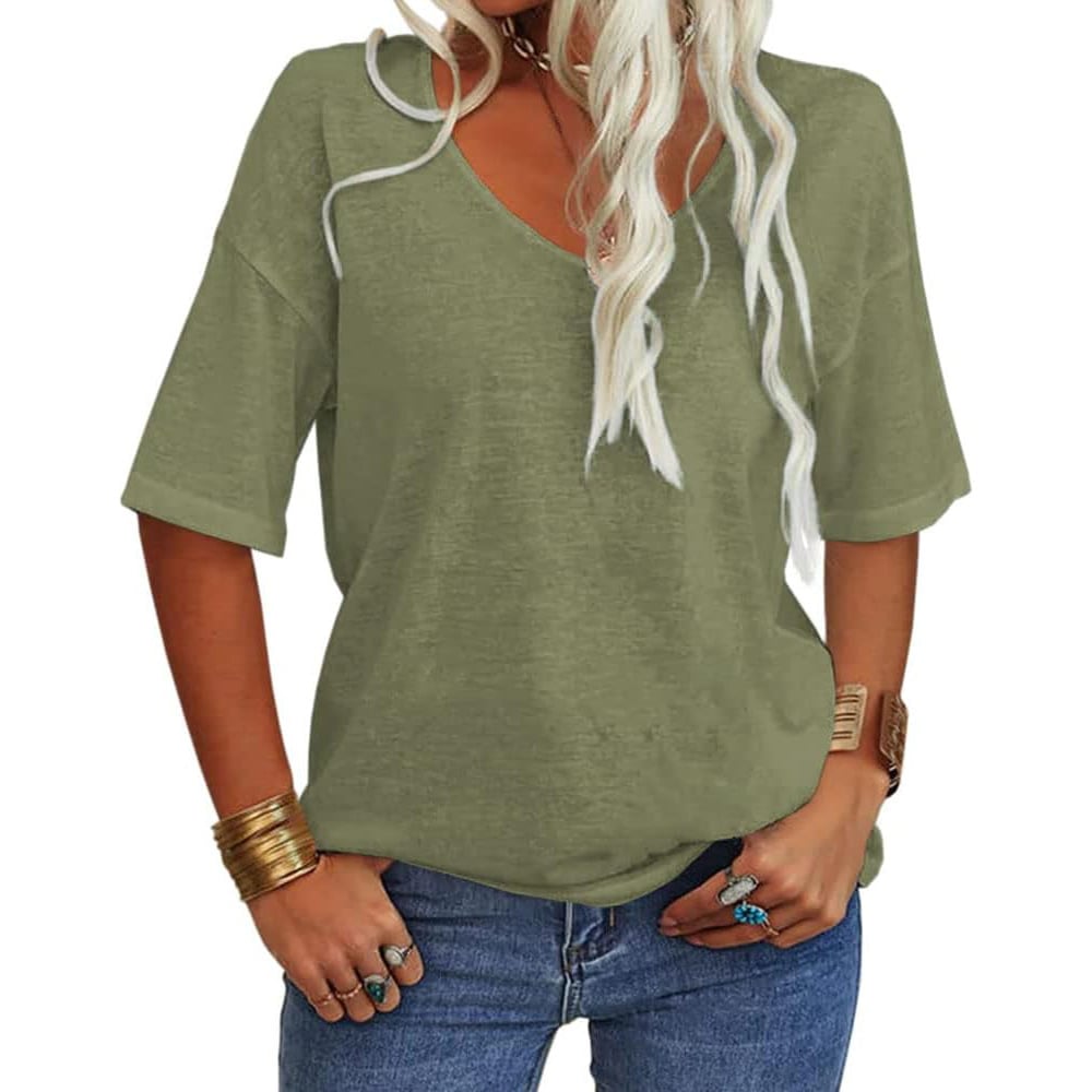 Women's Soft Solid Color Vneck Tshirt Cotton Half Sleeve Casual Loose