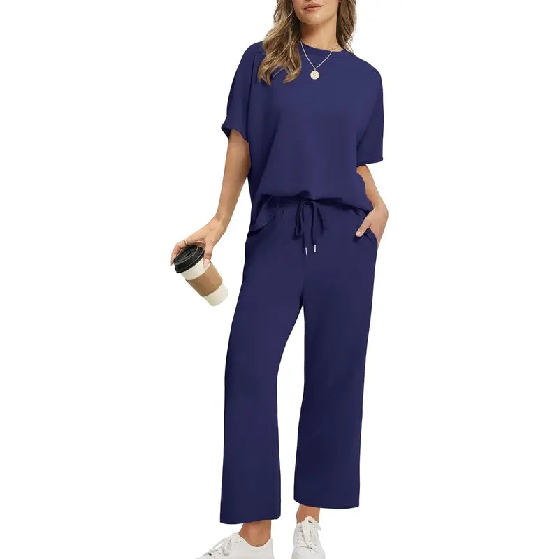 Two Piece Sets for Women Summer Outfits Oversized Wide Leg Crop Pants Lounge Sets Airport Beach Vacation Clothes
