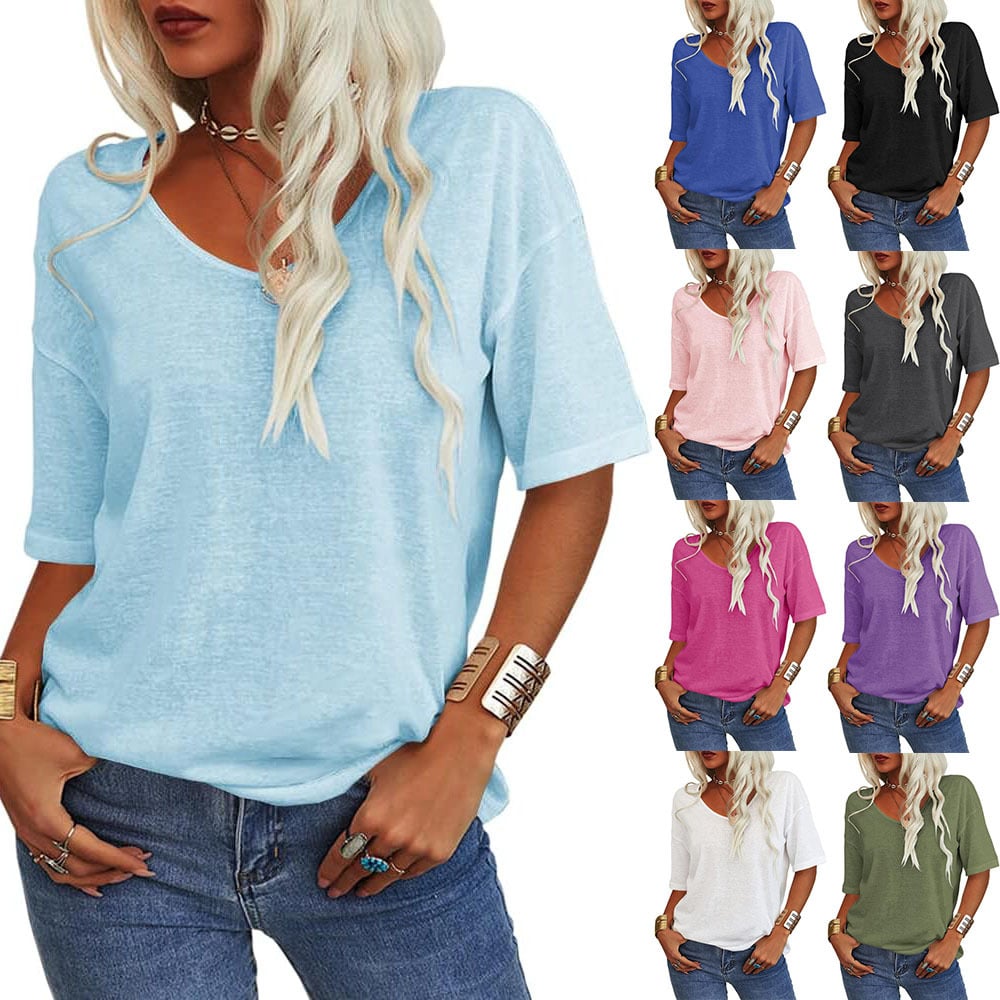 Women's Soft Solid Color Vneck Tshirt Cotton Half Sleeve Casual Loose