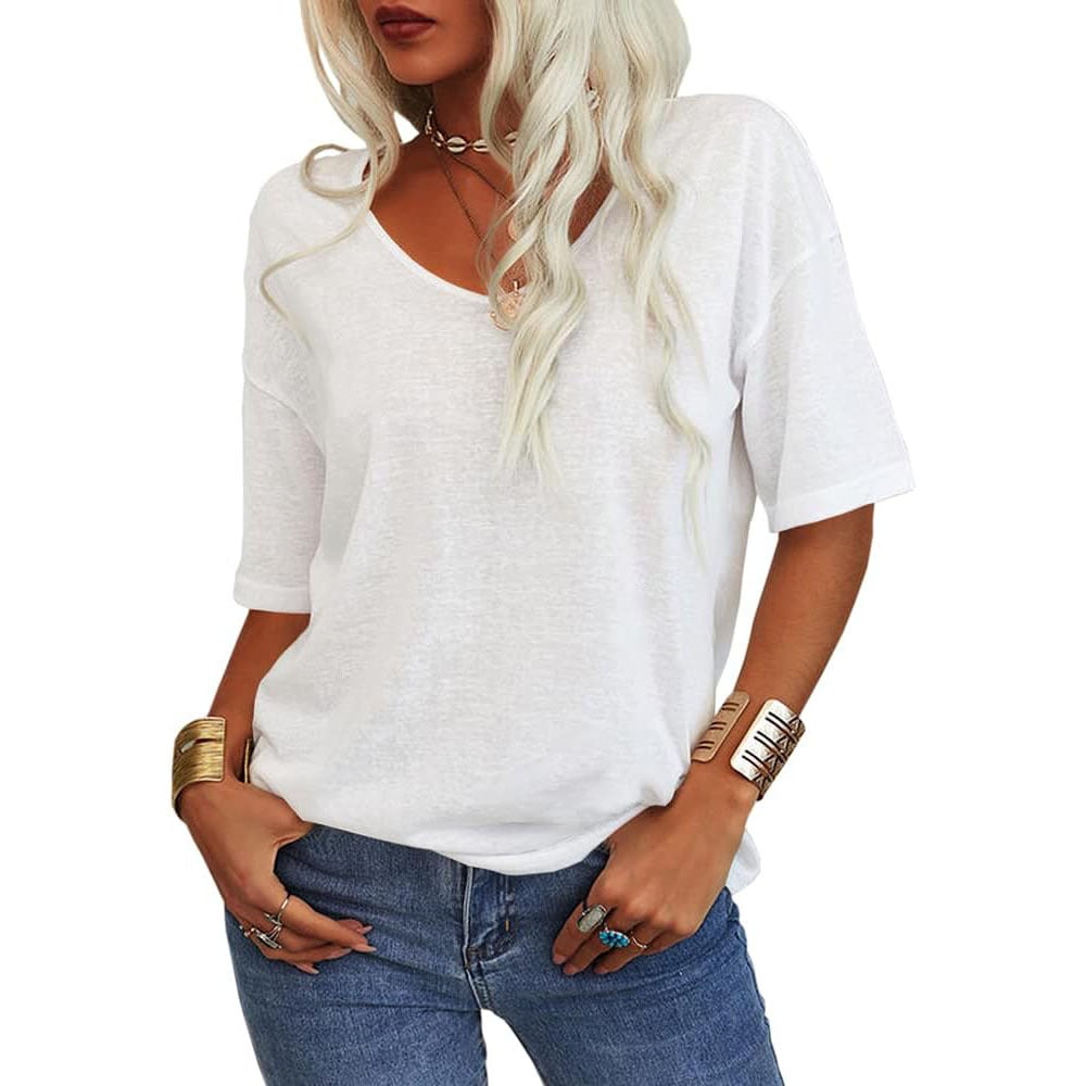 Women's Soft Solid Color Vneck Tshirt Cotton Half Sleeve Casual Loose
