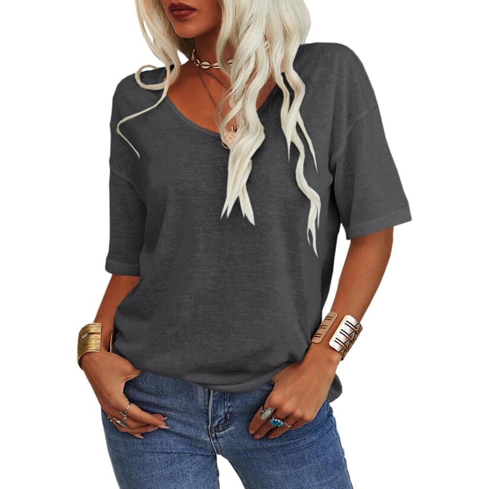 Women's Soft Solid Color Vneck Tshirt Cotton Half Sleeve Casual Loose