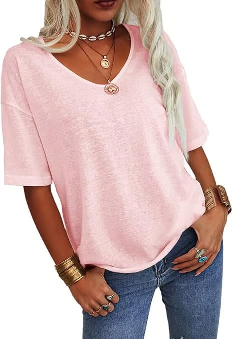 Women's Soft Solid Color Vneck Tshirt Cotton Half Sleeve Casual Loose