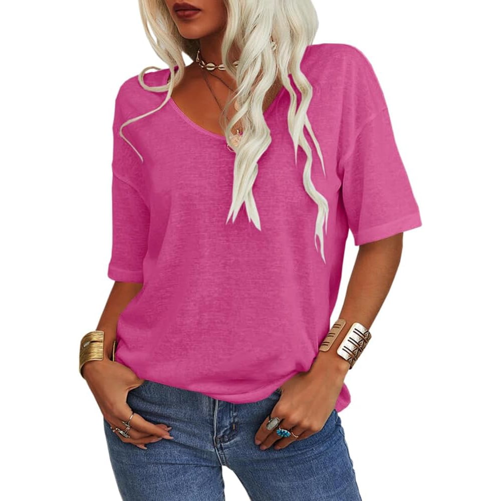 Women's Soft Solid Color Vneck Tshirt Cotton Half Sleeve Casual Loose