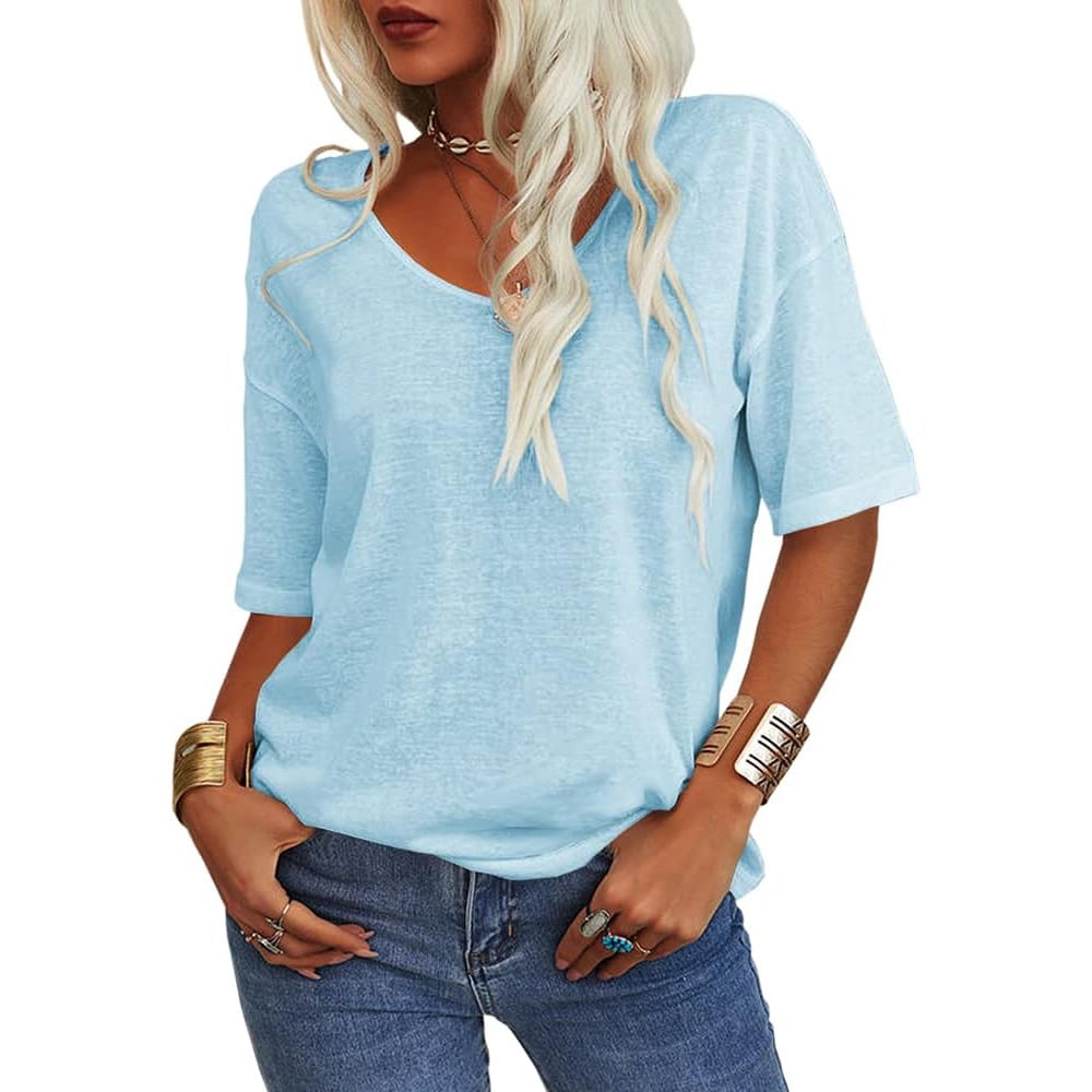 Women's Soft Solid Color Vneck Tshirt Cotton Half Sleeve Casual Loose