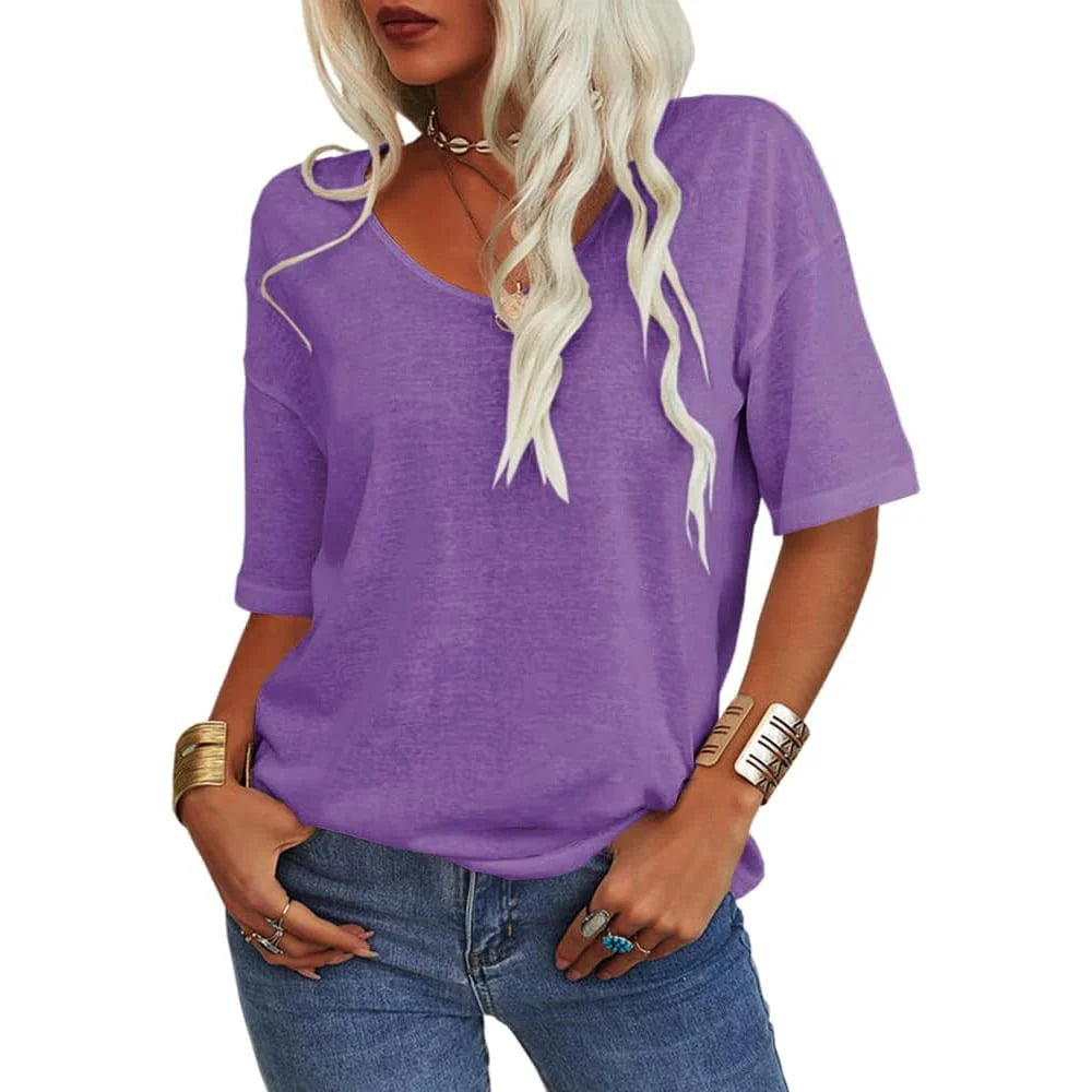 Women's Soft Solid Color Vneck Tshirt Cotton Half Sleeve Casual Loose
