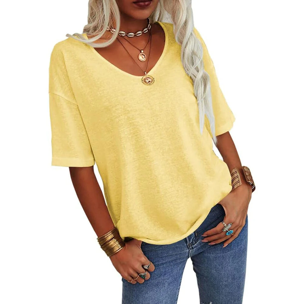 Women's Soft Solid Color Vneck Tshirt Cotton Half Sleeve Casual Loose