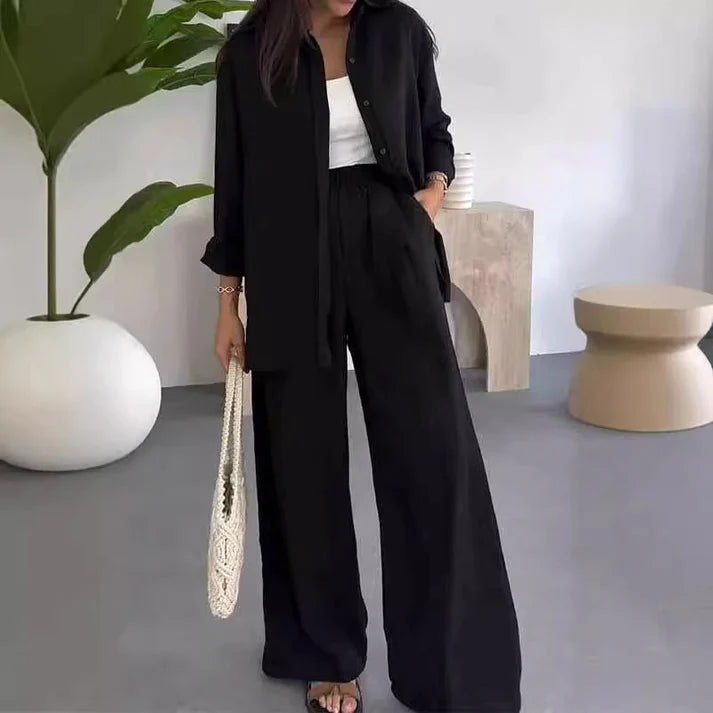 Solid Color Two Piece Set – Loose Shirt & Wide Leg Pants in perfekter Harmonie. Reduzierte Eleganz für den Alltag.