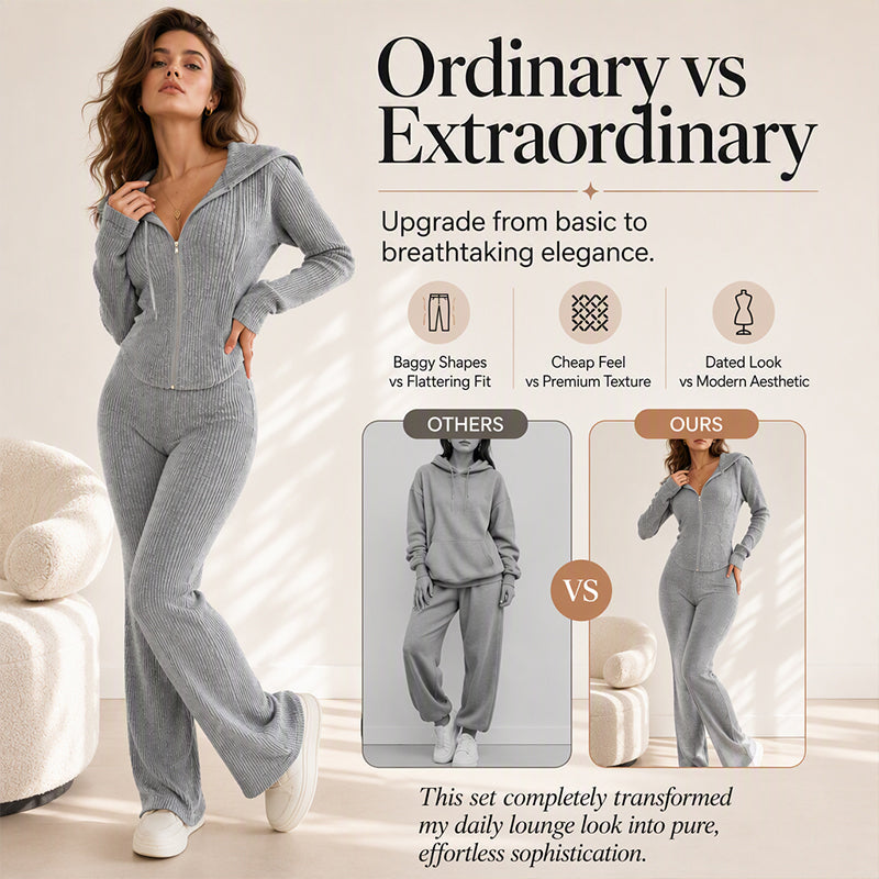 Women's Ribbed Hooded Zip-Up Jacket Flare Pants Set