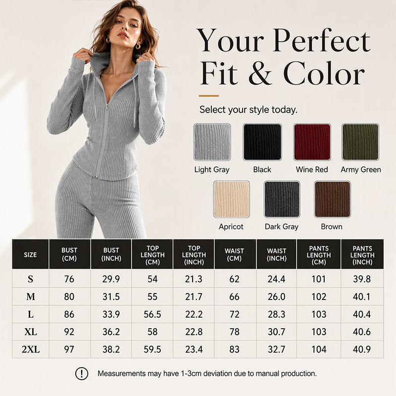 Women's Ribbed Hooded Zip-Up Jacket Flare Pants Set